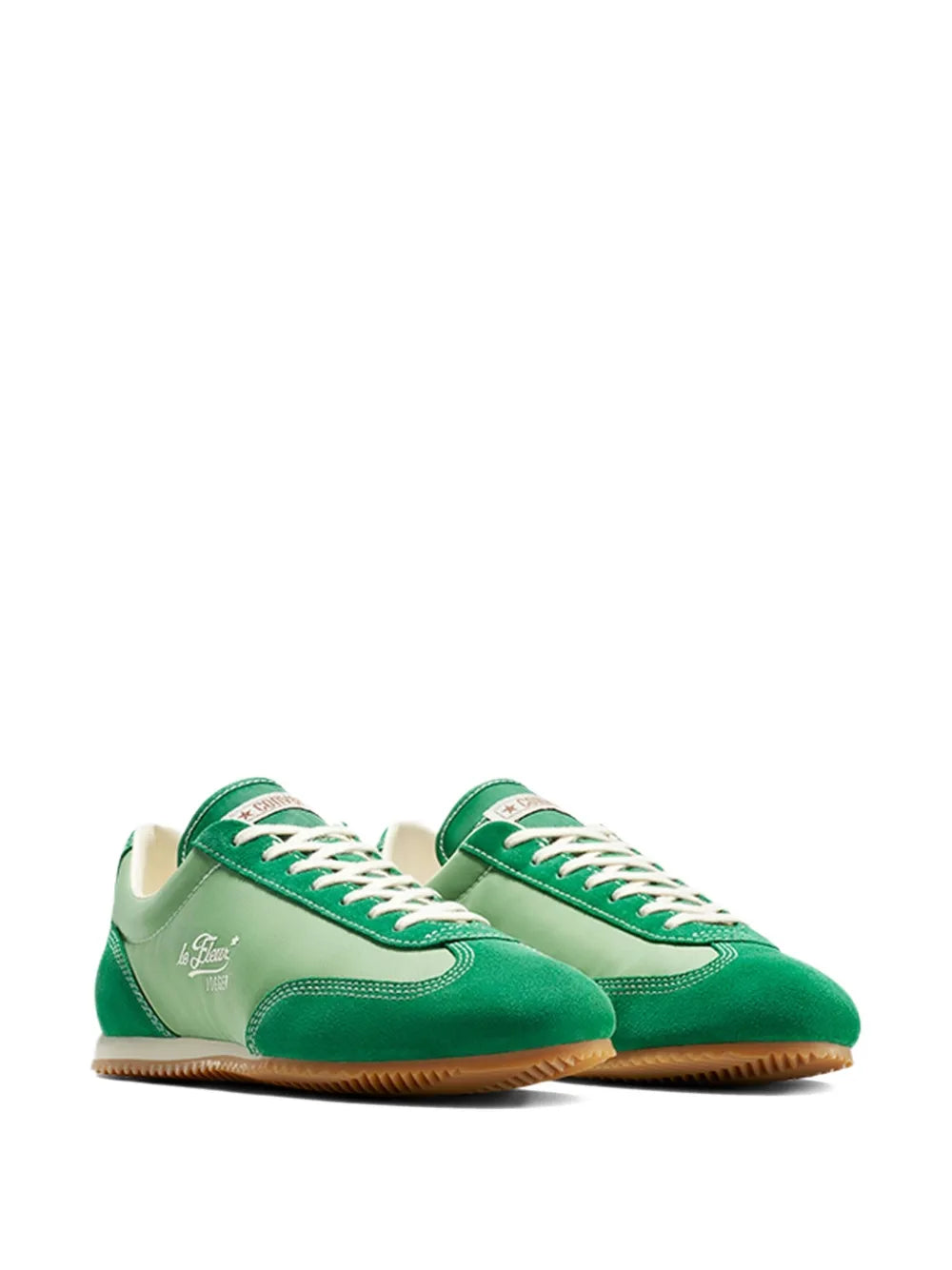 Converse green coach jogger sneakers, front pair view, tan sole