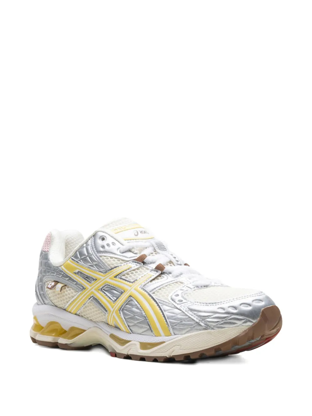 Asics Gel-Nimbus lace-up sneakers, grey upper with yellow cross-stripes and gum sole