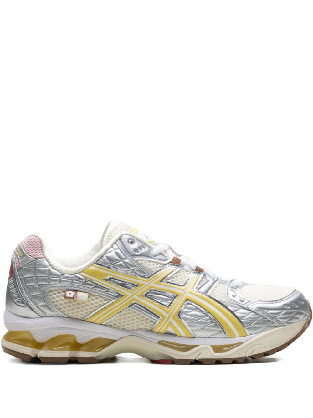 Asics Gel-Nimbus running sneakers, grey mesh with yellow accents and cushioned outsole