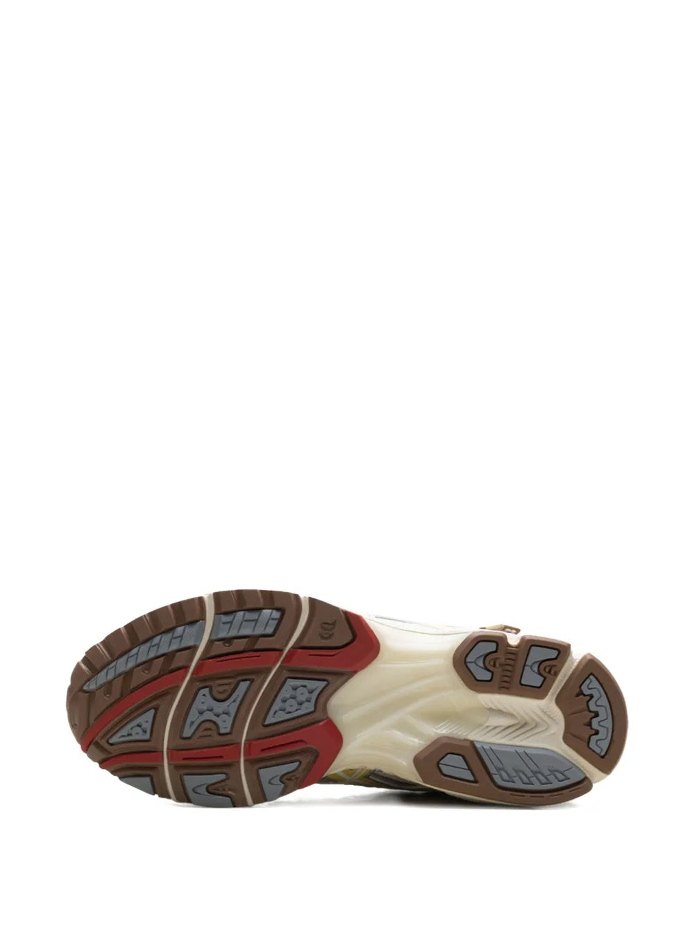 Asics sneaker outsole tread with brown and cream rubber, heel and toe traction pods