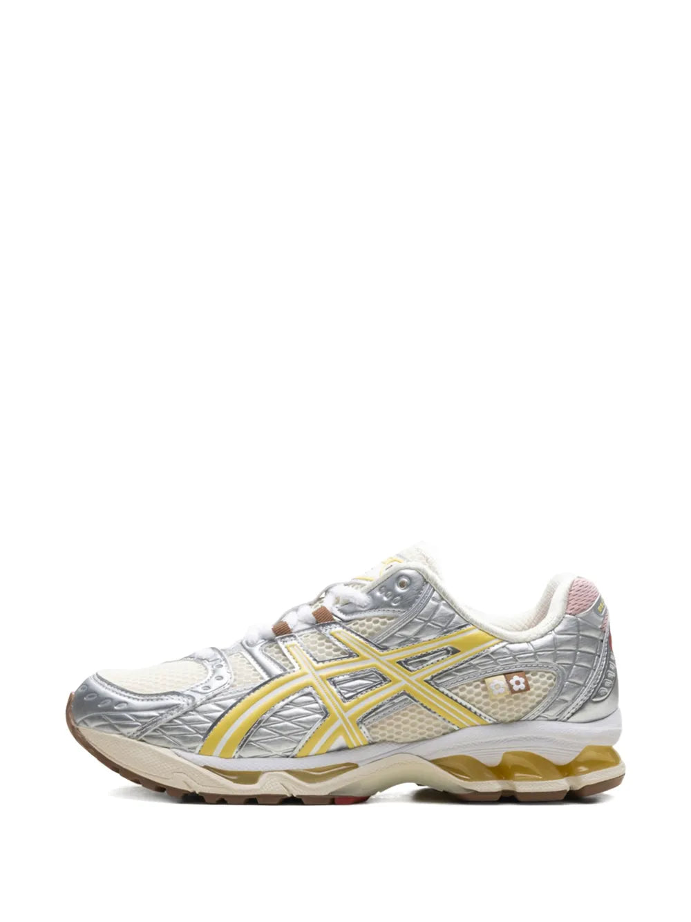 Asics Gel-Nimbus side-profile sneakers, grey knit with yellow stripe details and tan sole