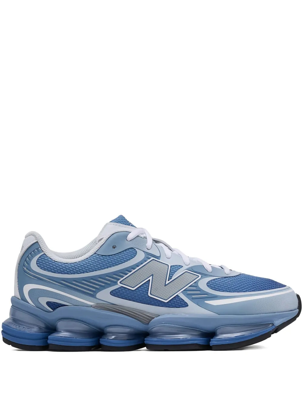 Baby blue and white lace-up running sneakers with New Balance N logo