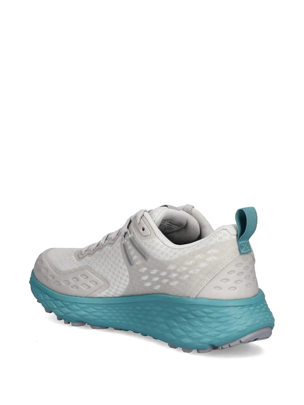 Grey Columbia low-top sneakers with teal heel collar and lace-up closure