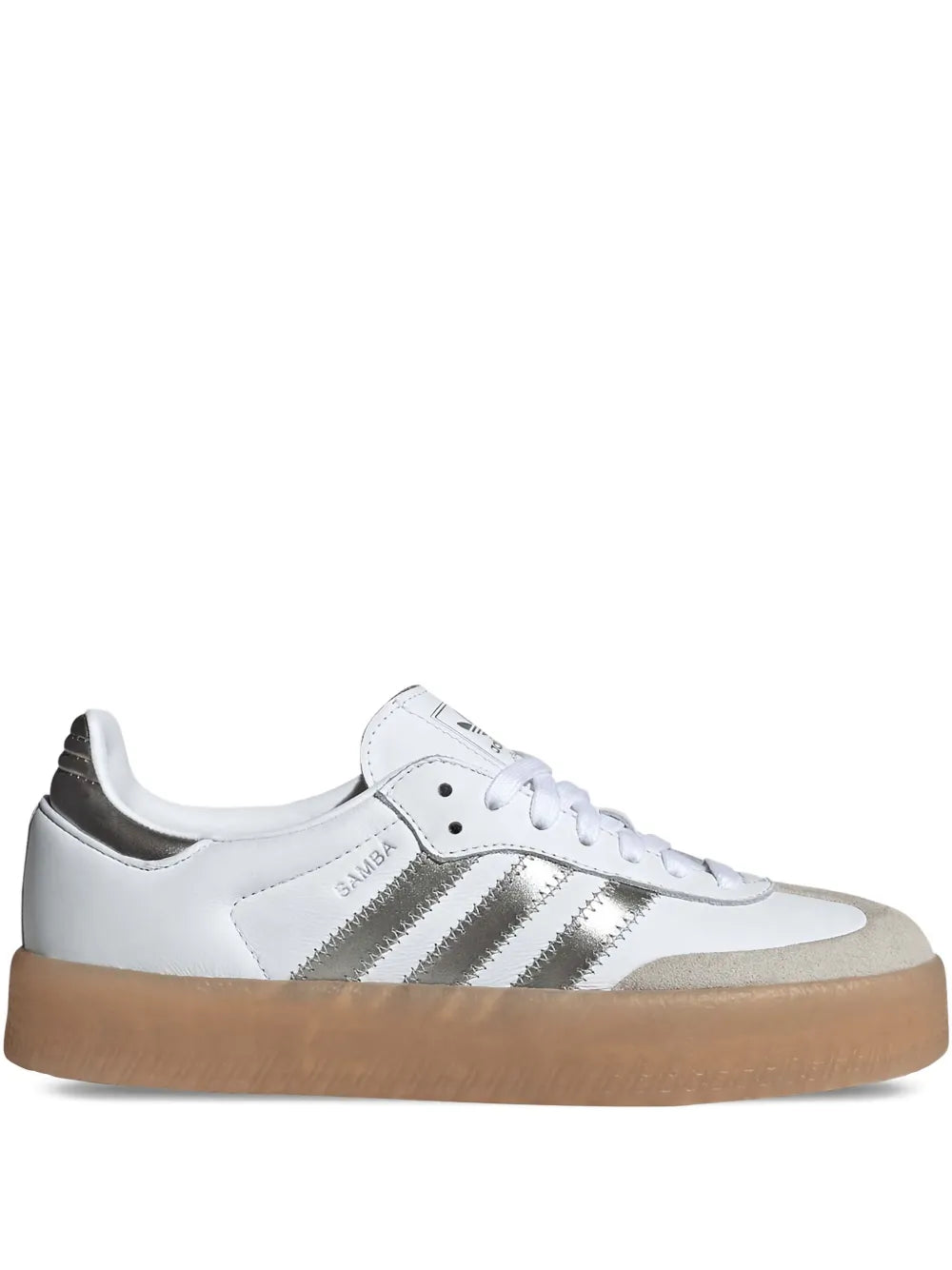 White low-top sneaker with metallic three-stripe panel and gum sole