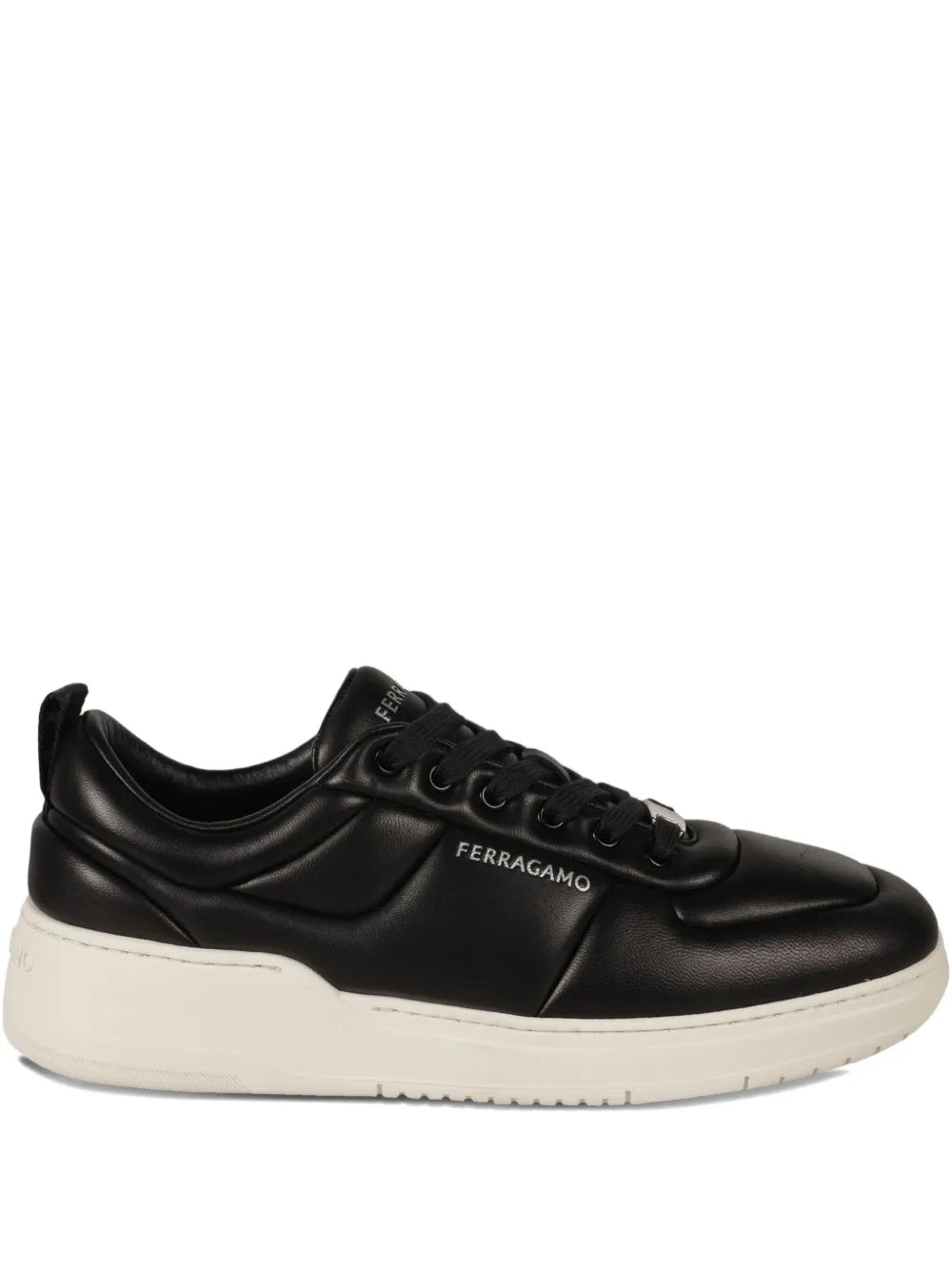 Ferragamo padded black leather sneakers with lace-up and cushioned collar, white sole