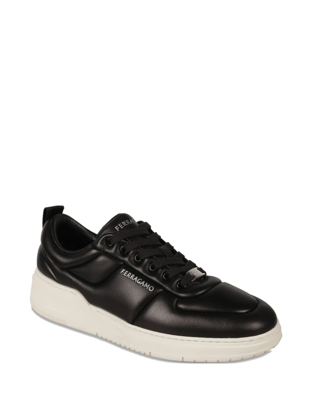 Ferragamo black padded leather sneakers with laces, logo panel, and white rubber sole
