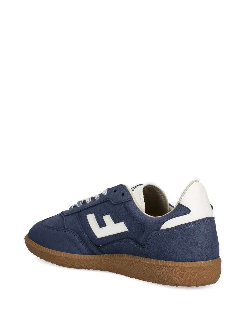 Blue suede low-top sneakers with white H logo and tan rubber sole