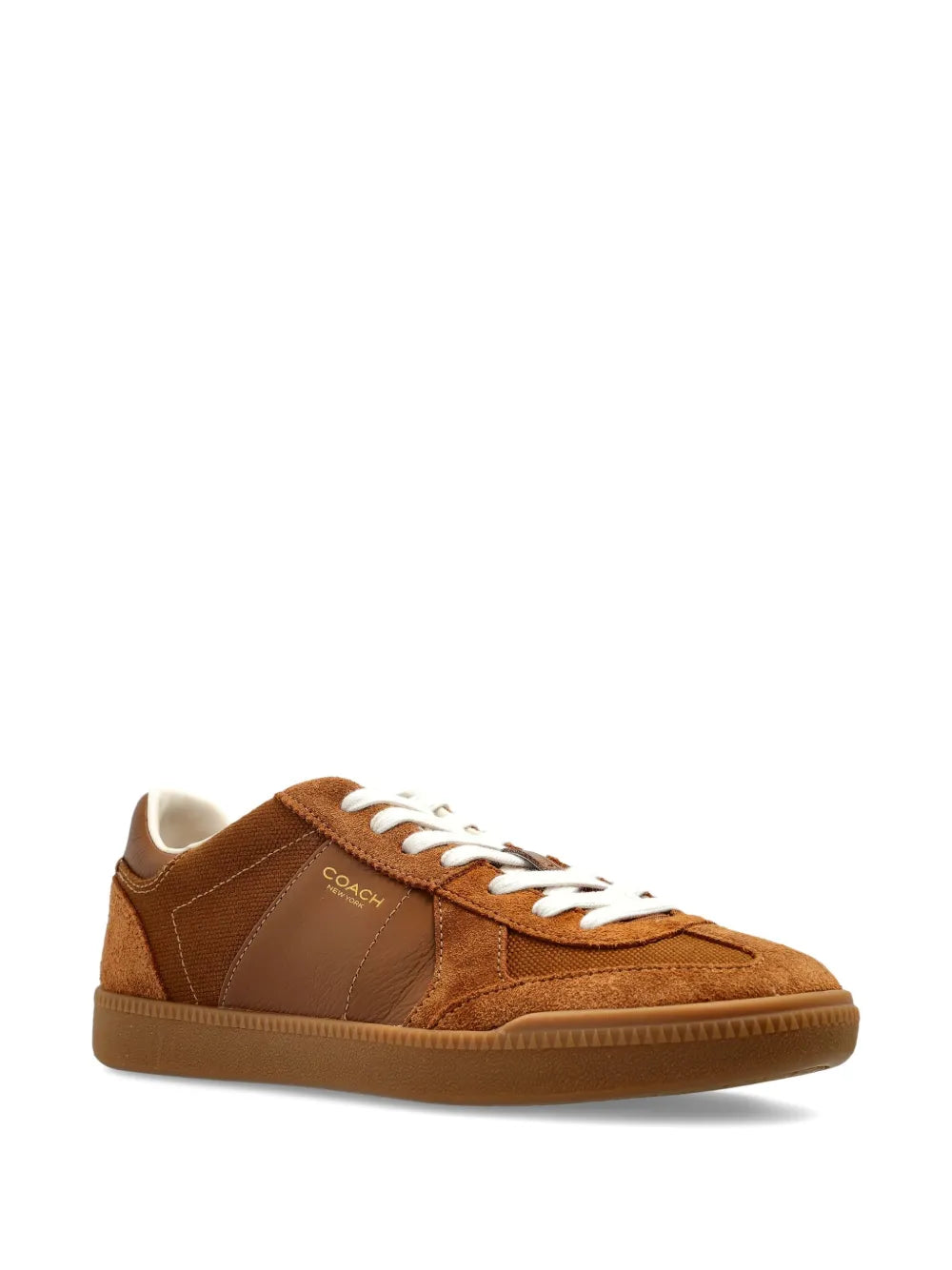 Brown COACH suede-and-leather sneaker with white lace-up front