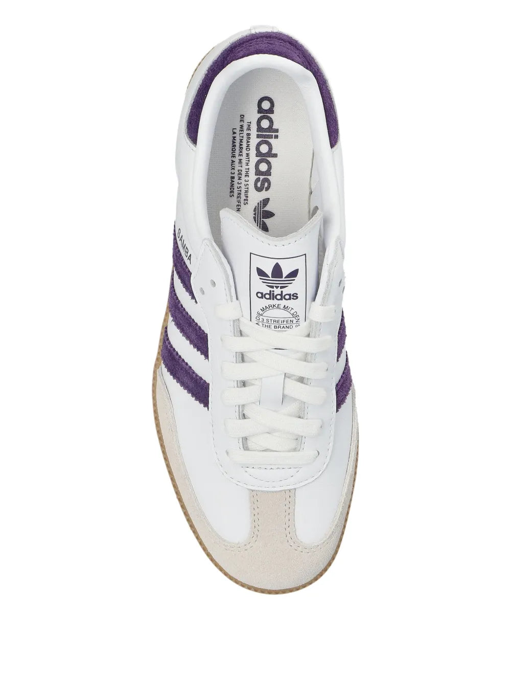 adidas white leather Samba sneaker with purple stripes and lace-up front