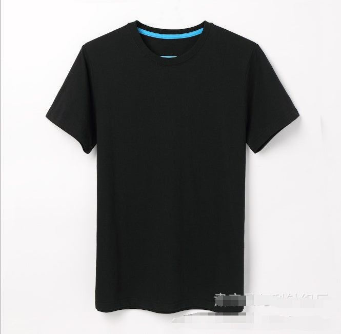 Men's crew-neck black T-shirt with teal collar trim
