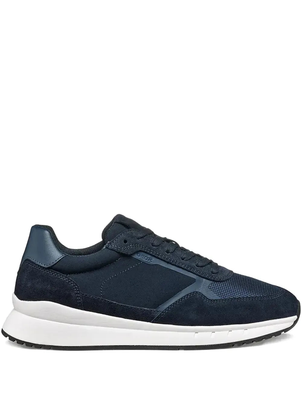 Geox suede lace-up sneakers in navy blue with white rubber sole and contrast panels