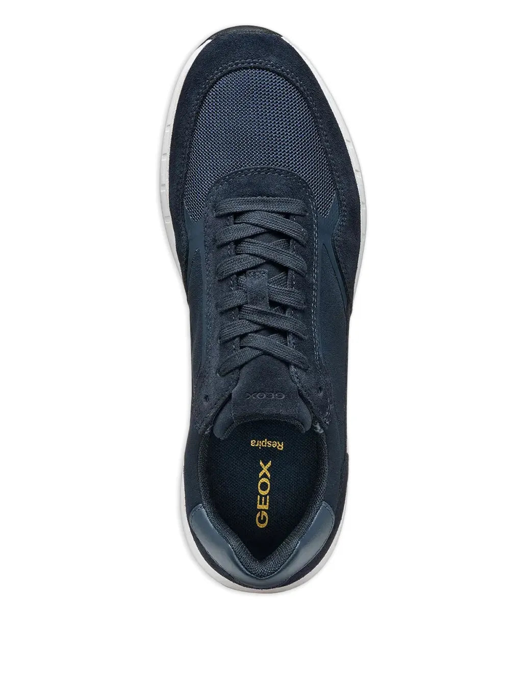 Geox navy blue suede sneakers, top view of lace-up vamp with Geox branding inside