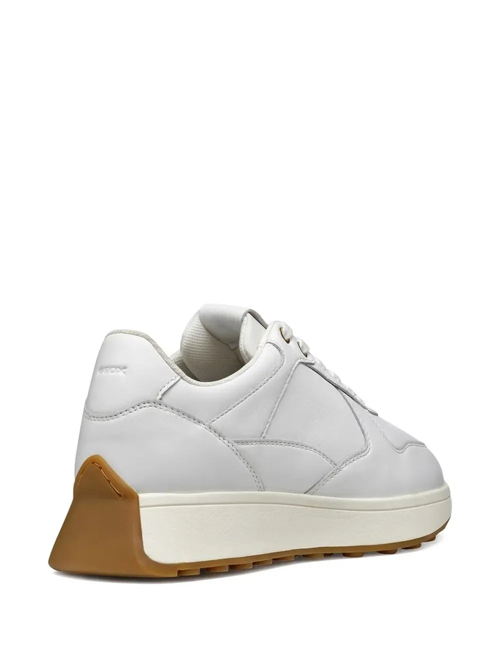 White leather lace-up wedge sneakers with tan sidewall and padded collar