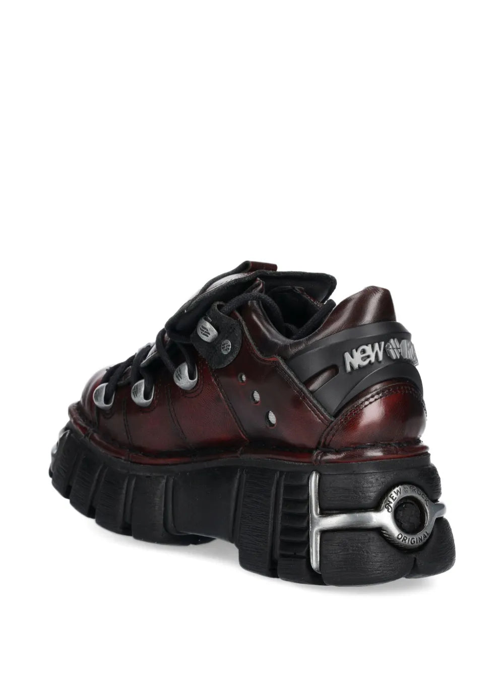 Dark red leather platform sneaker back view with NEW ROCK heel label and metal cap