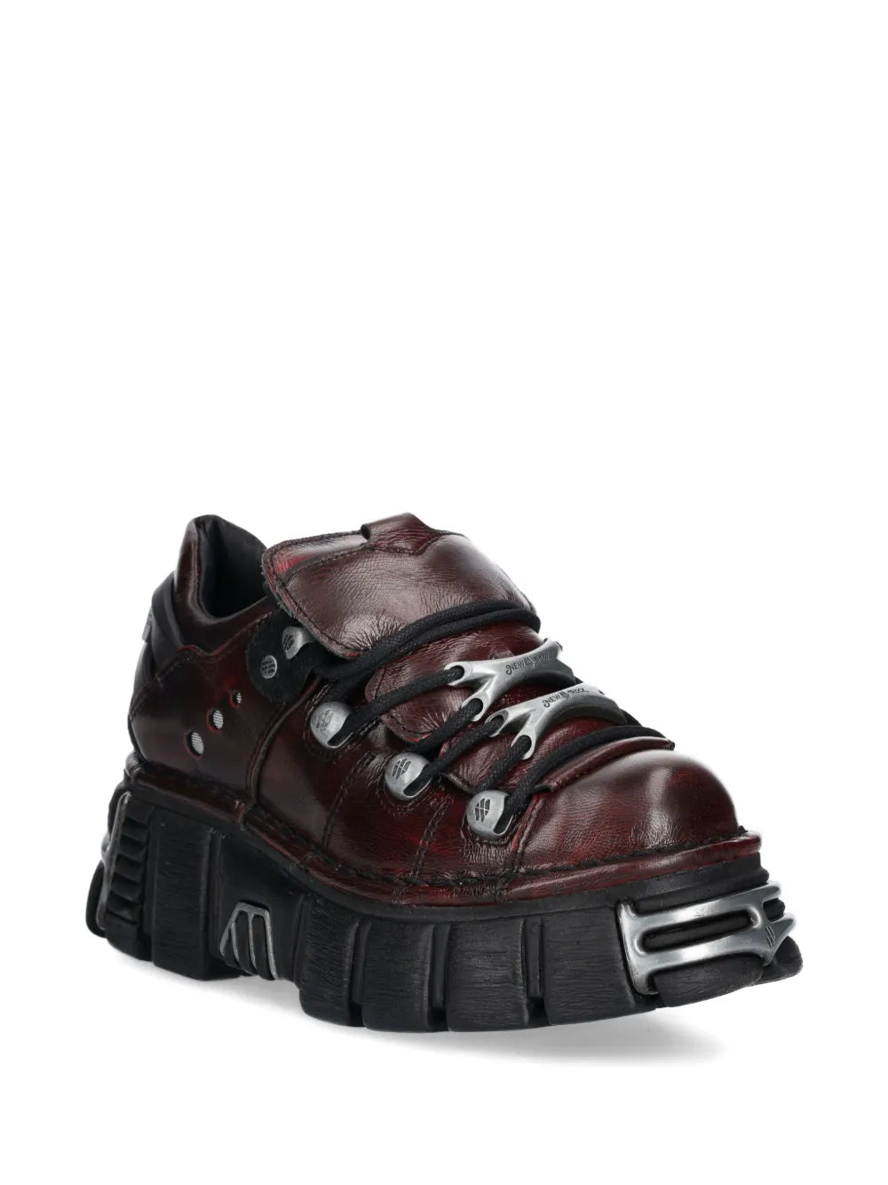 Dark red leather platform sneaker side view with lace-up and metallic heel plate