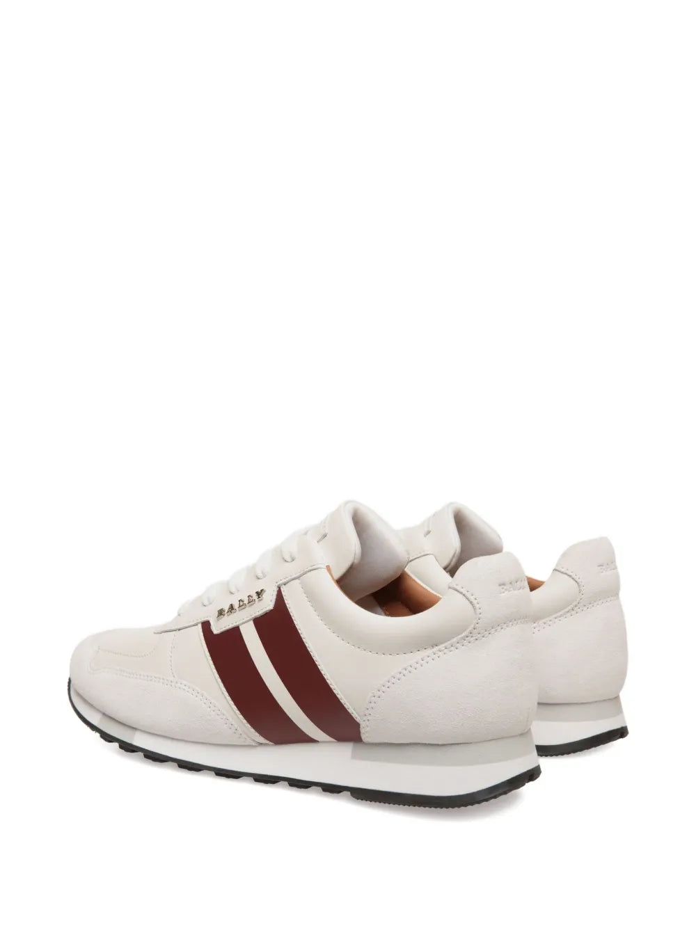 White leather low-top sneakers with lace-up and heel tab, burgundy stripe side panel