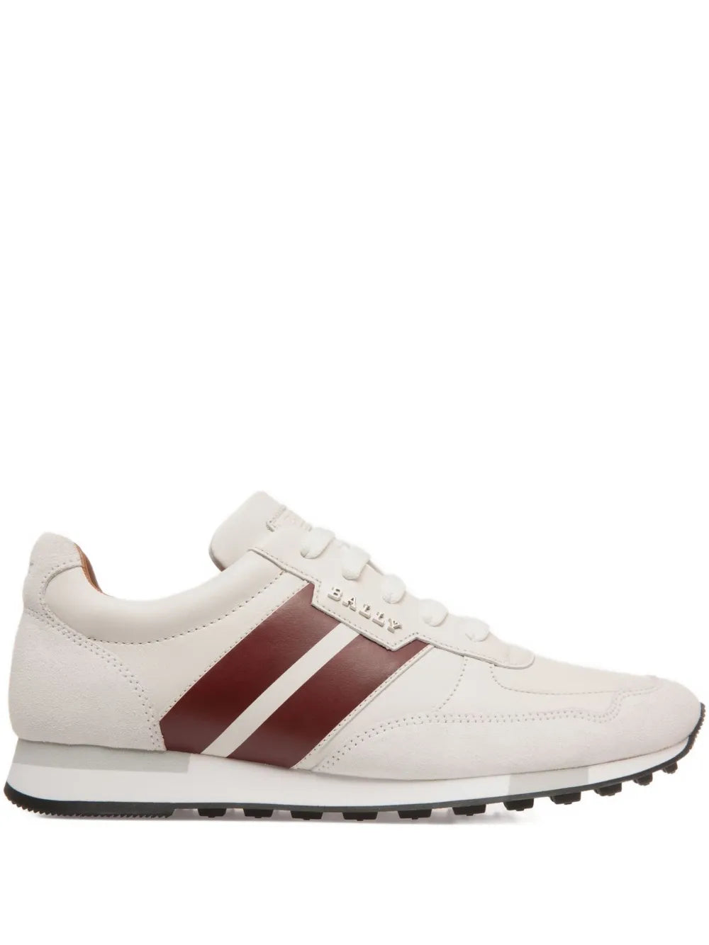 White leather striped low-top sneakers with lace-up, burgundy-and-white side stripes
