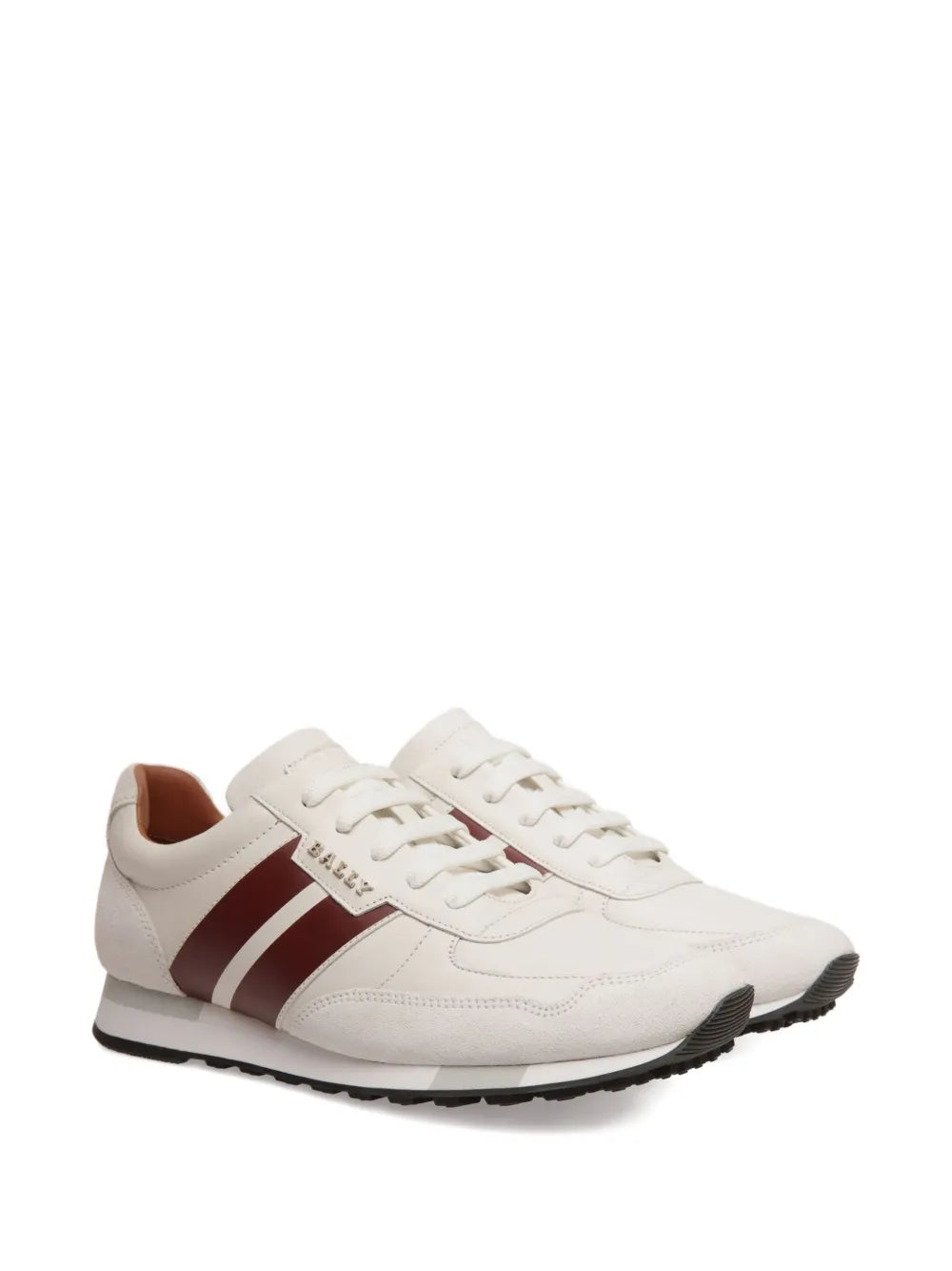White leather low-top sneakers, lace-up with burgundy stripe panel and dark rubber sole