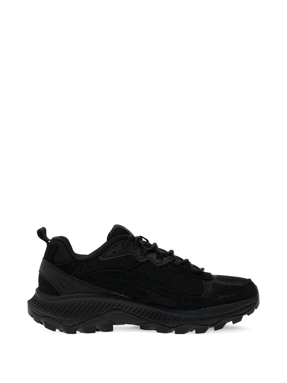 Black lace-up sneakers, side view, padded collar and thick rugged sole