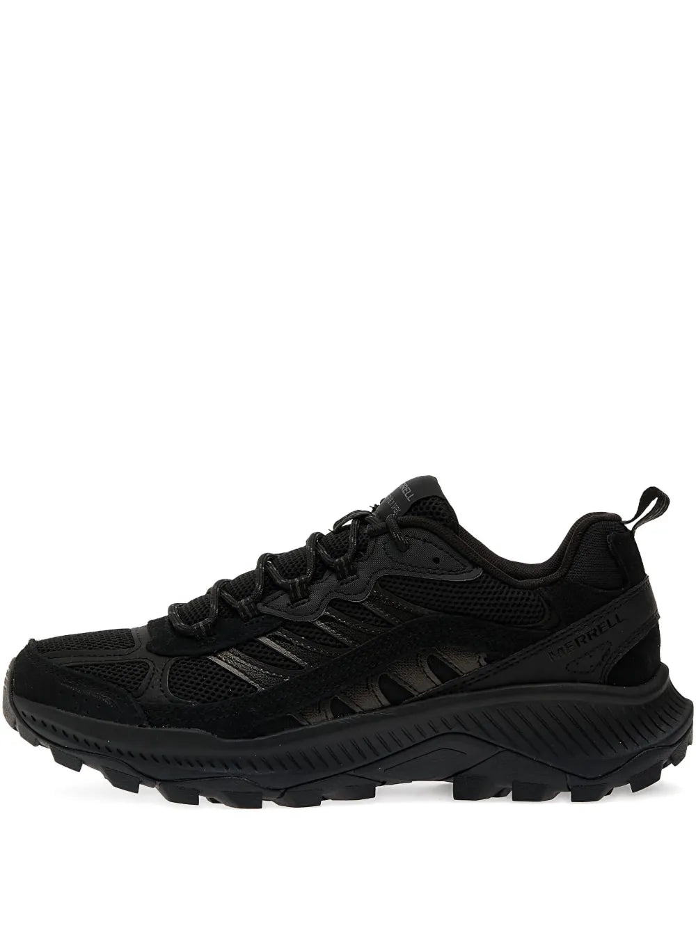 Black lace-up sneakers with mesh upper and chunky treaded outsole