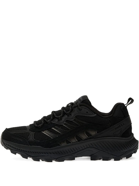Black lace-up sneakers with mesh upper and chunky treaded outsole