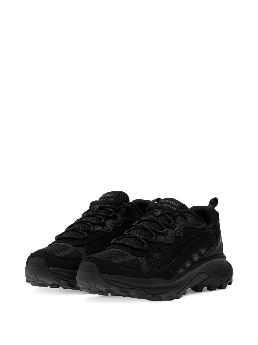 Black lace-up sneakers, angled side view, with padded tongue and rugged outsole