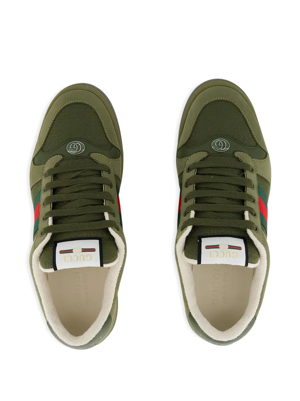 Gucci Screener sneakers, olive uppers with laces and multicolor web stripe near toe