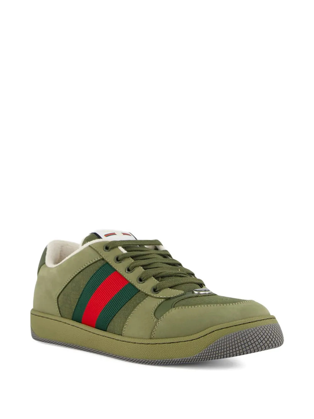 Olive green Gucci Screener sneakers, lace-up style with multicolor web-stripe detail