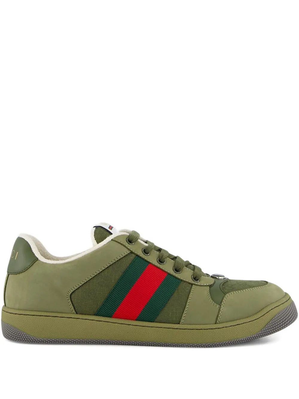 Gucci Screener web-stripe sneakers in olive green with red and green side stripes