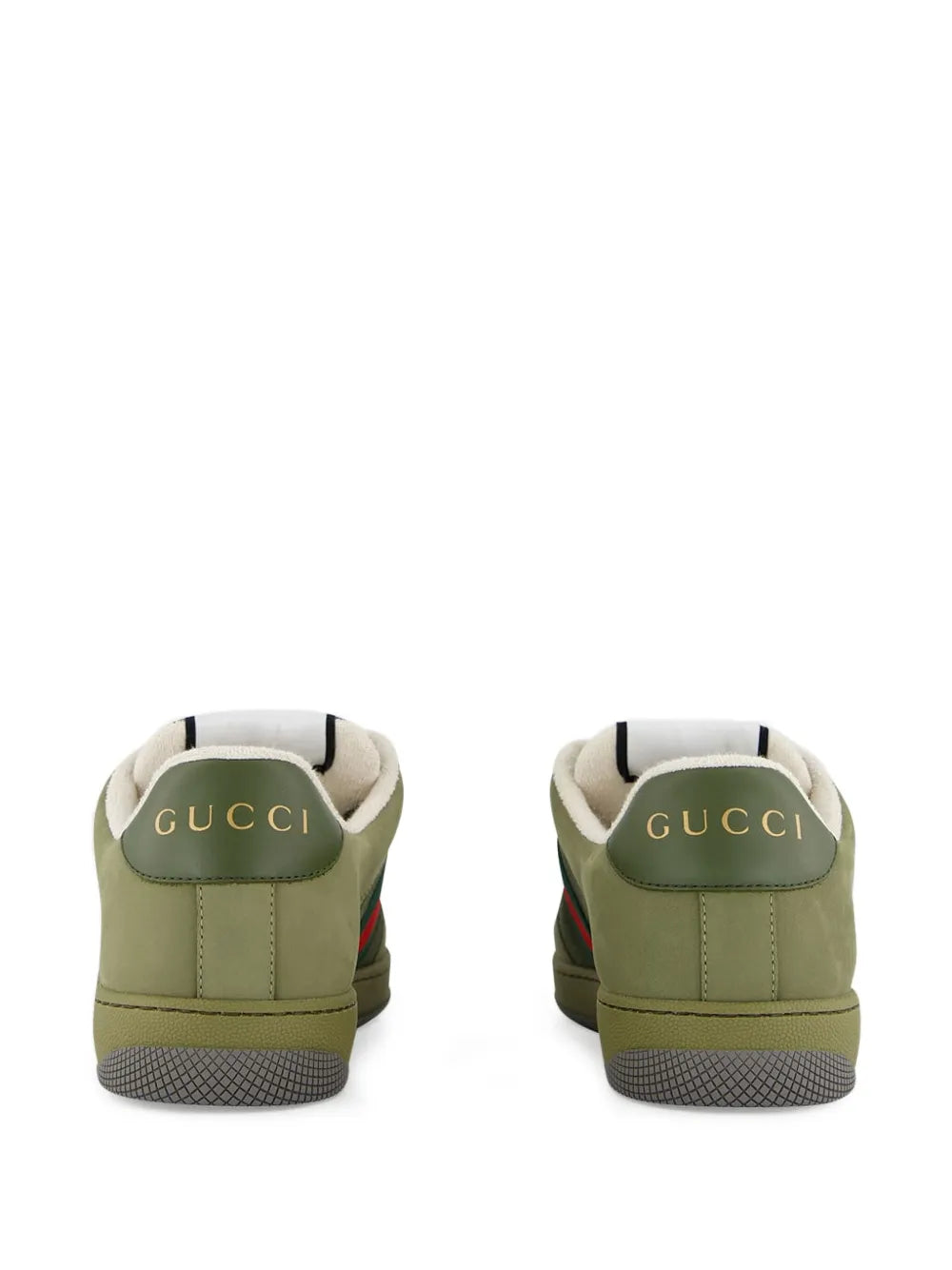 Pair of Gucci Screener sneakers showing olive heel tabs with GUCCI logo