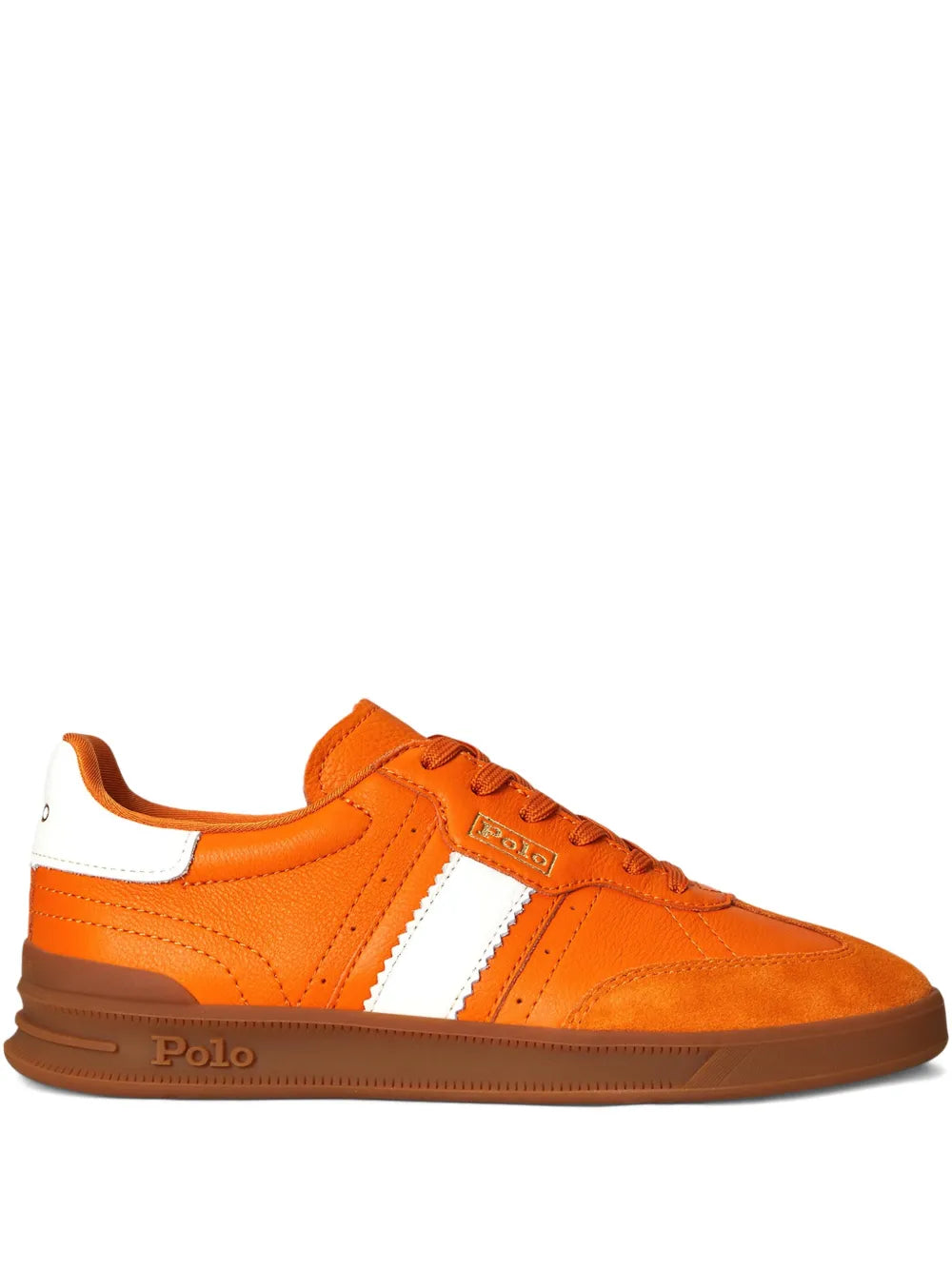 Orange suede leather sneakers with white side panel and lace-up front