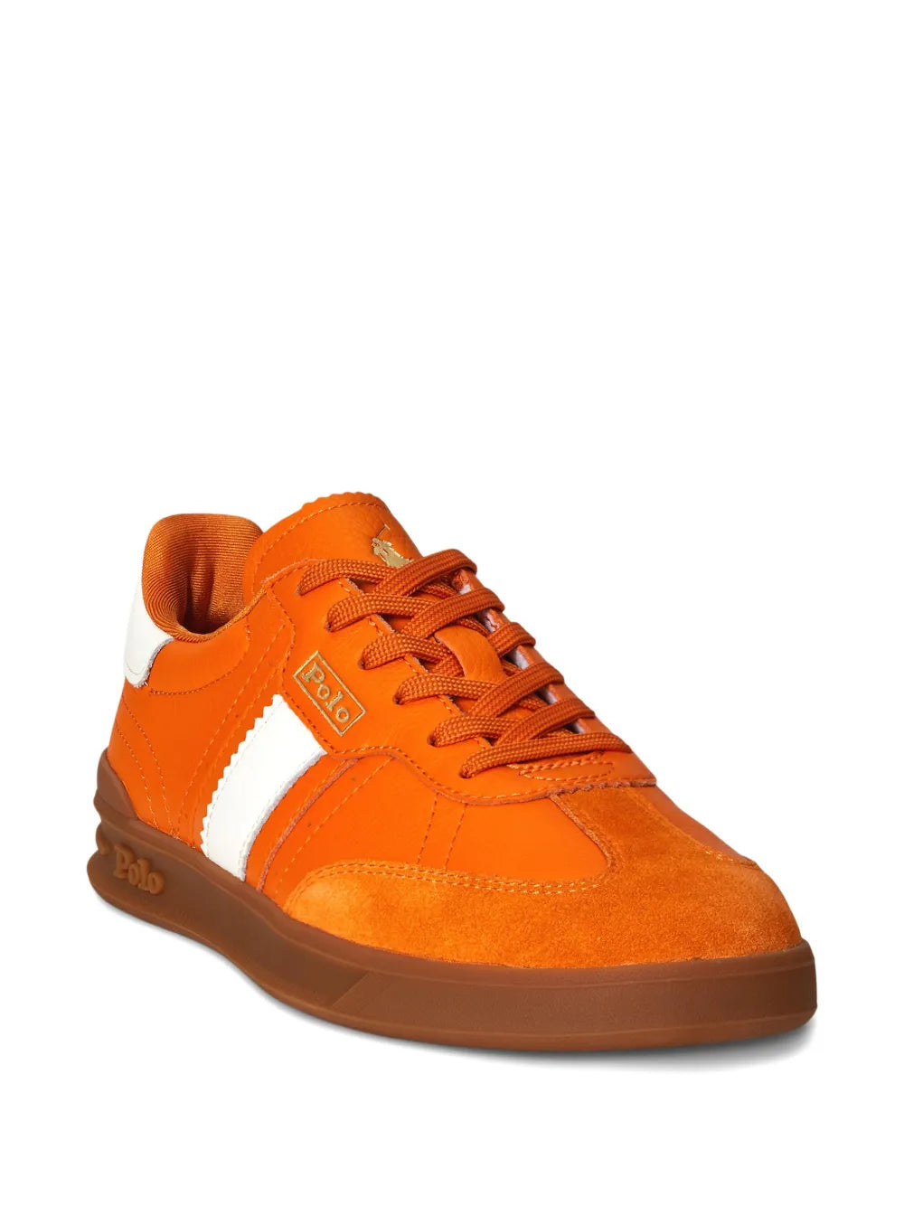 Orange suede leather lace-up sneakers with white insert and low-profile sole