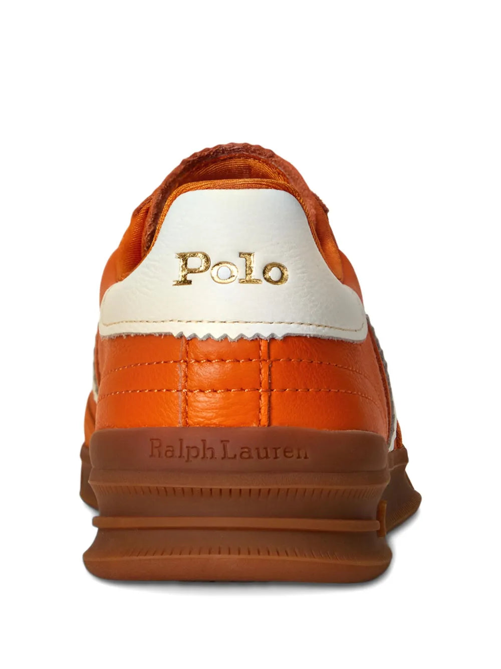 Back view of orange suede leather sneakers with Polo logo on heel