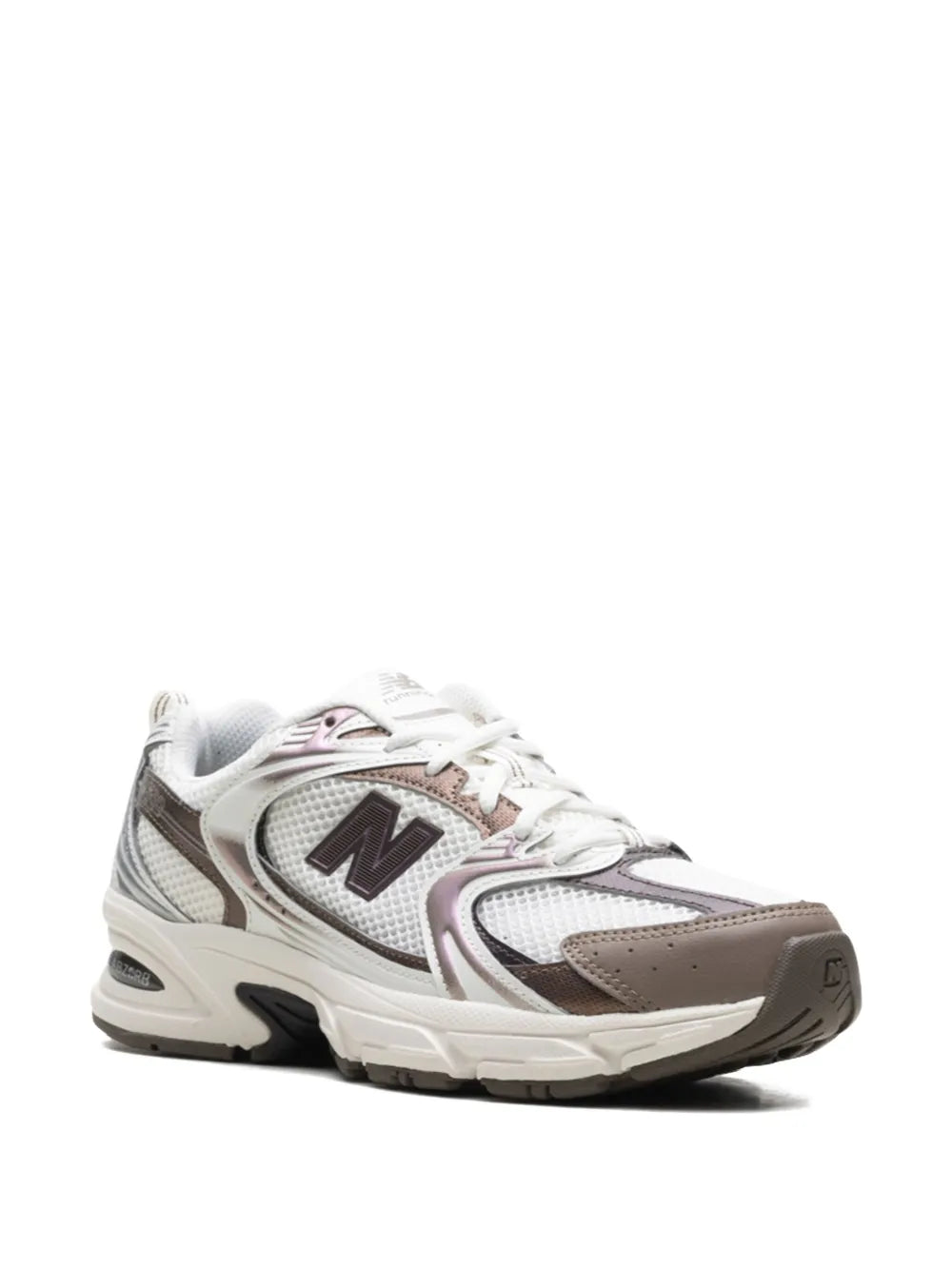 Off-white New Balance 530 sneakers with gray mesh and brown overlays, lace-up