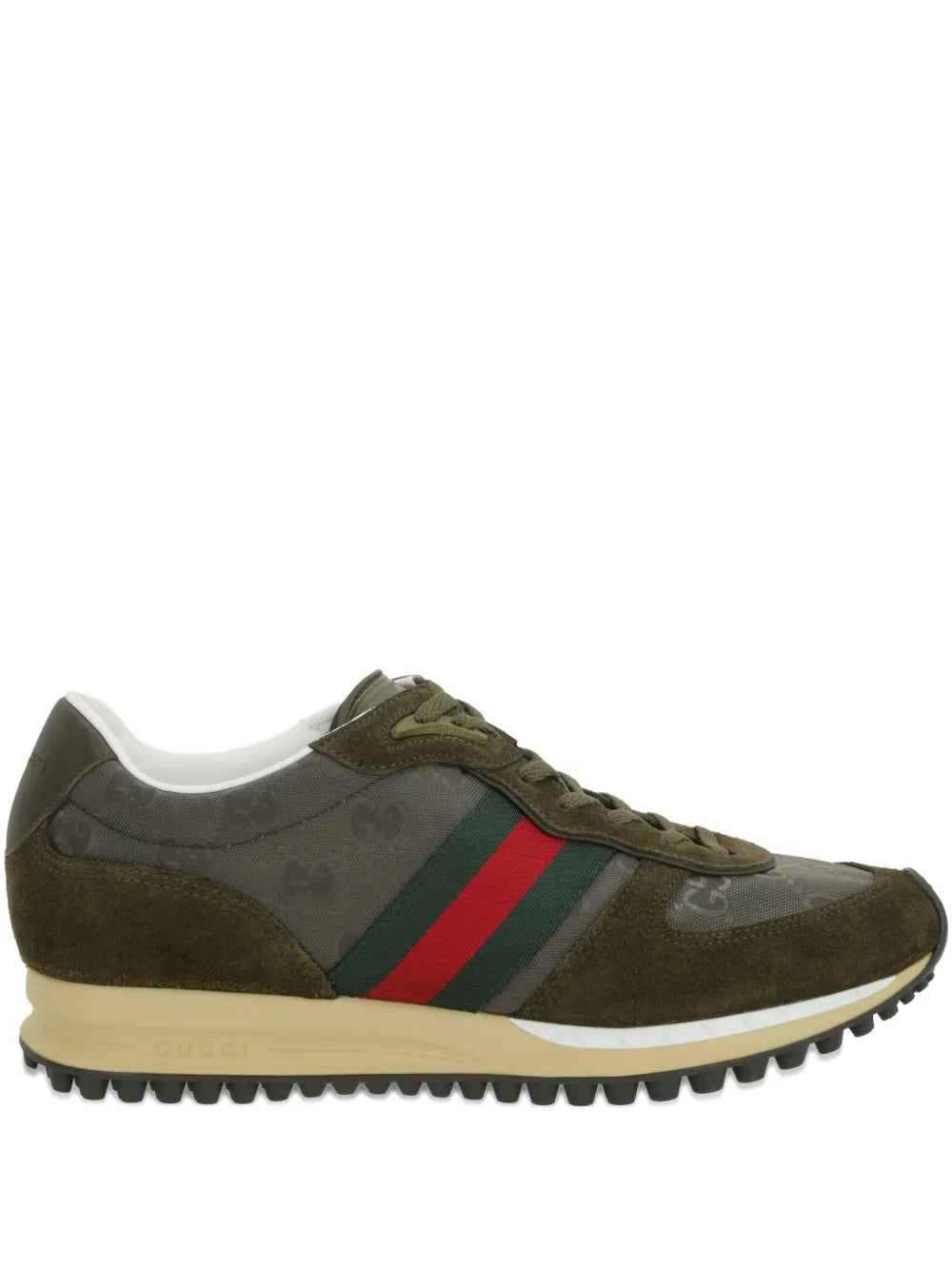 Gucci suede GG-monogram sneakers, olive green, red/green stripe, lace-up, tread sole