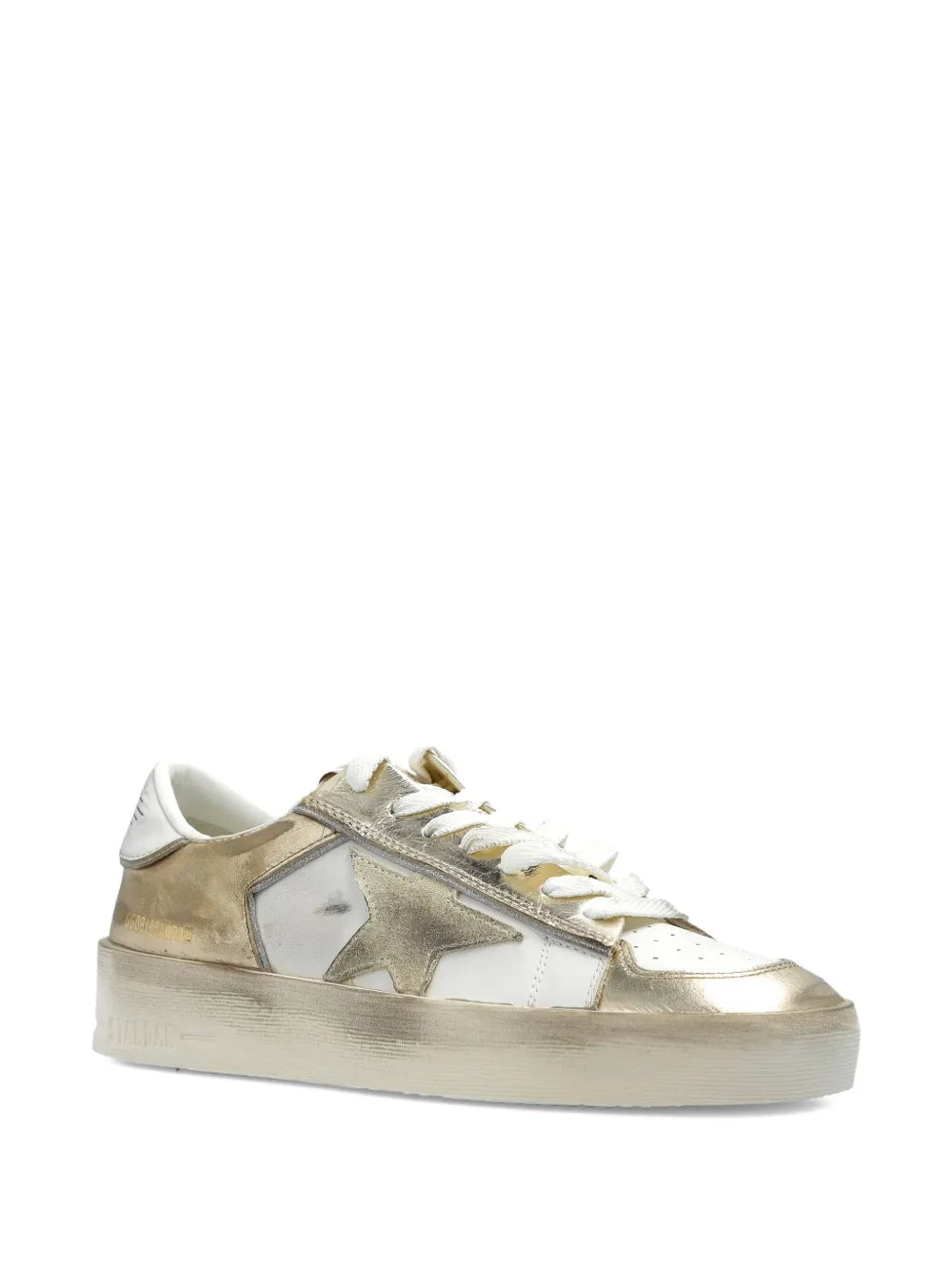 Golden Goose leather sneakers, side view; white and gold leather with lace-up