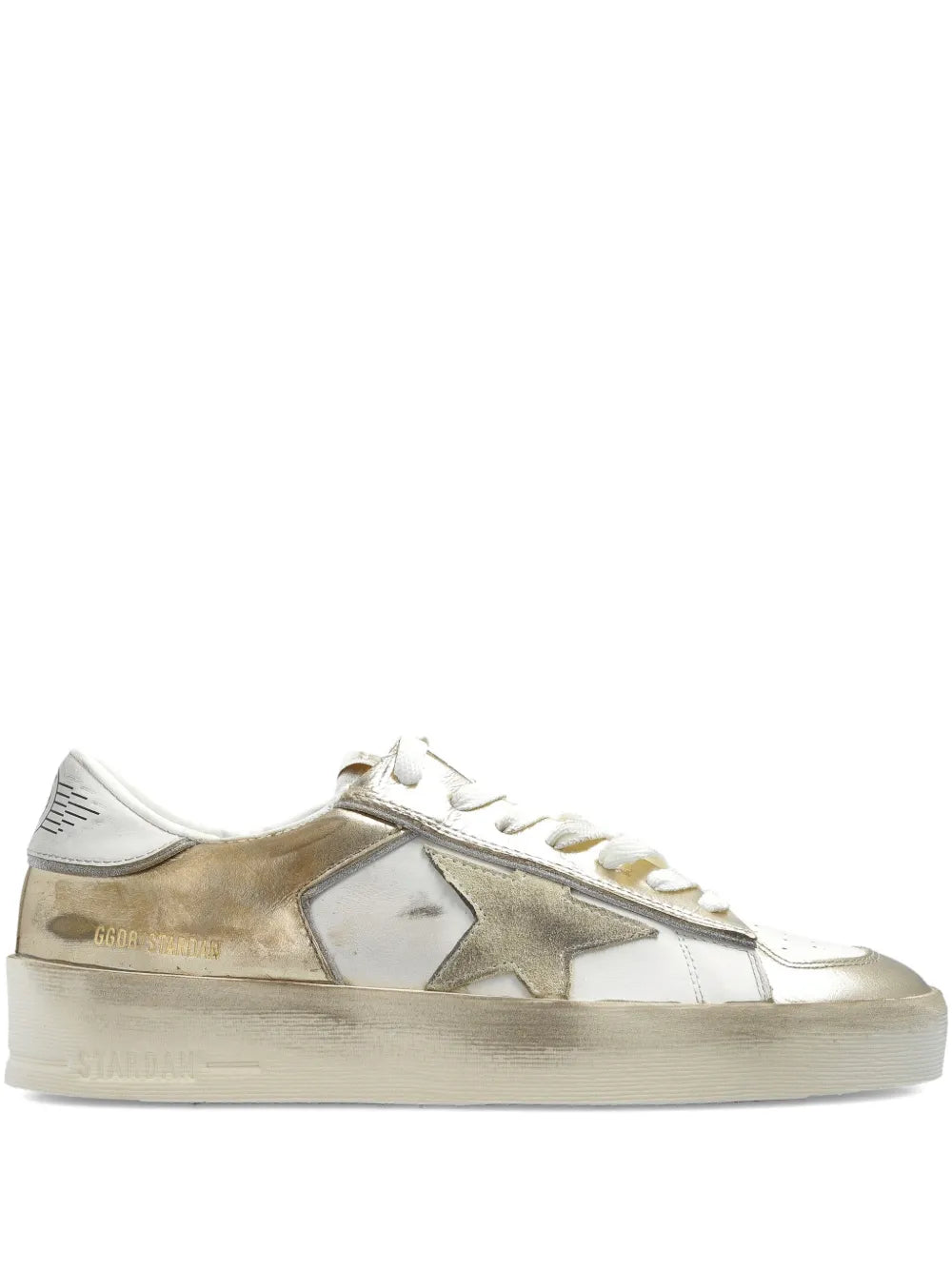 Golden Goose leather sneakers, white and metallic gold panel lace-up front