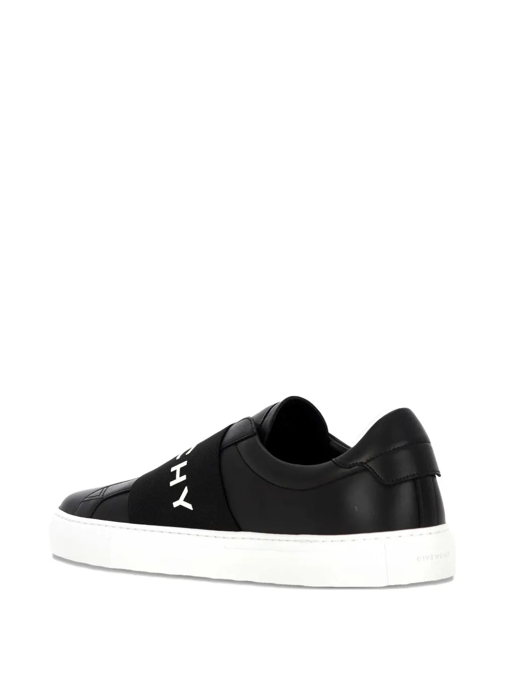 Black Givenchy sneakers with front strap, X logo detail, and white sole