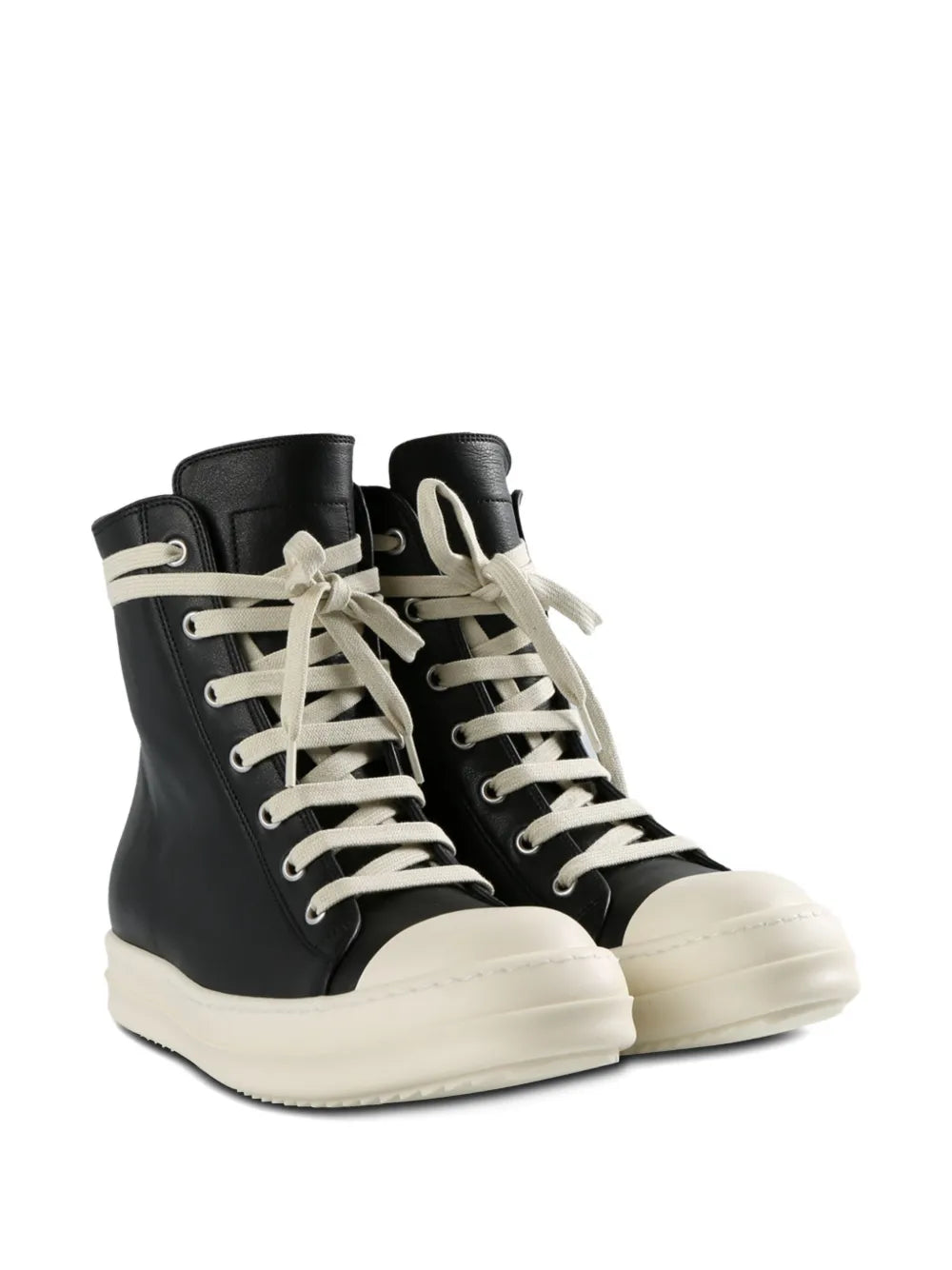 Black and white high-top lace-up sneaker with lace-up detail and thick sole