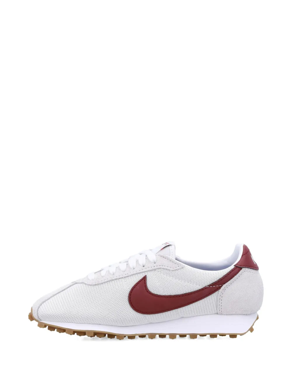 White low-top sneaker with burgundy Swoosh and white laces, tan outsole