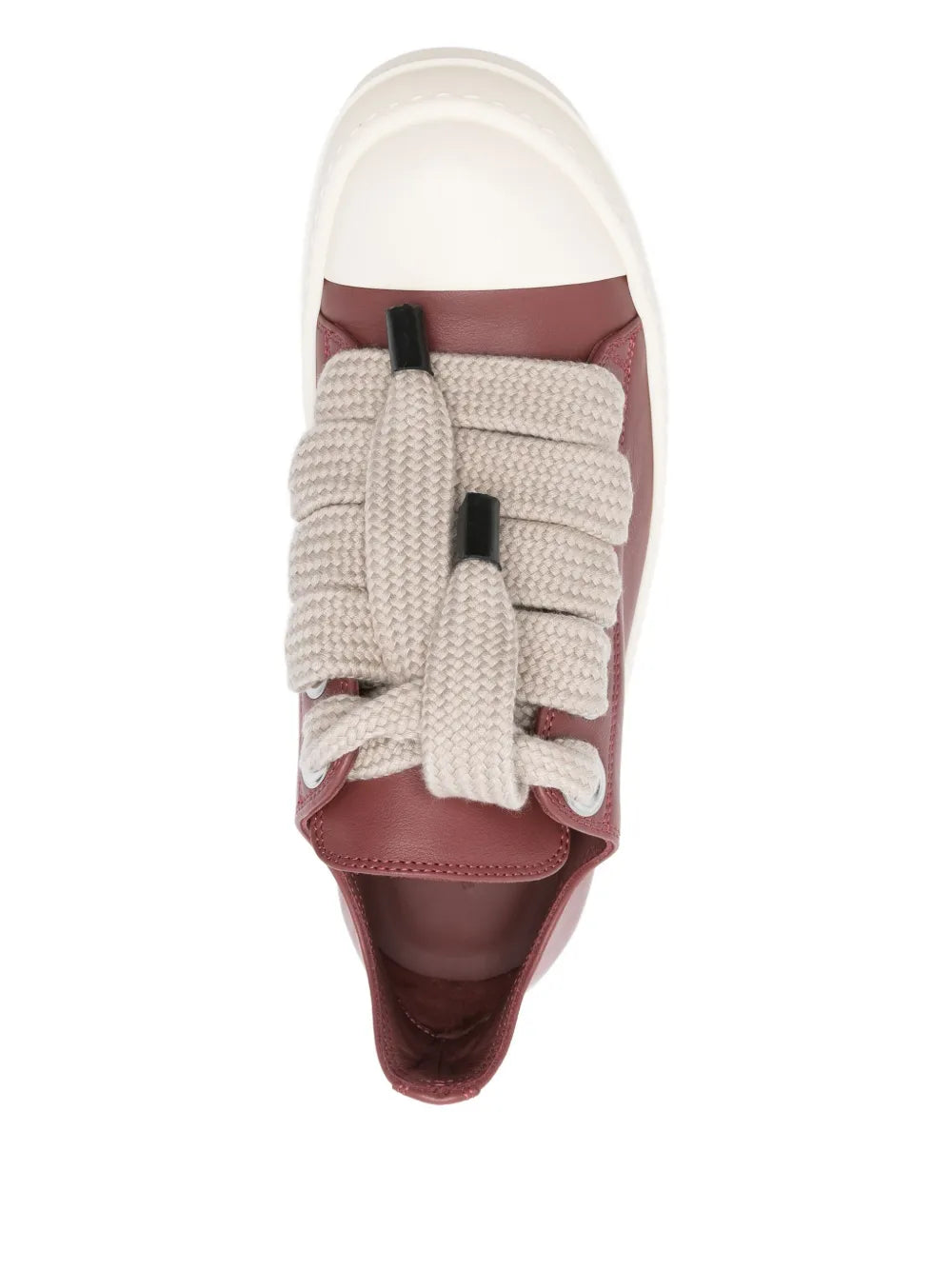 Red leather lace-up sneaker top view with gray knit lace wraps and padded interior