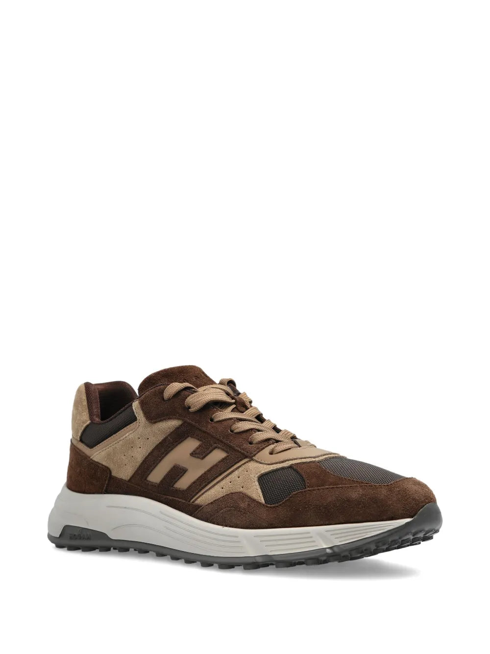 Brown suede-leather low-top sneaker with contrast panels and treaded sole
