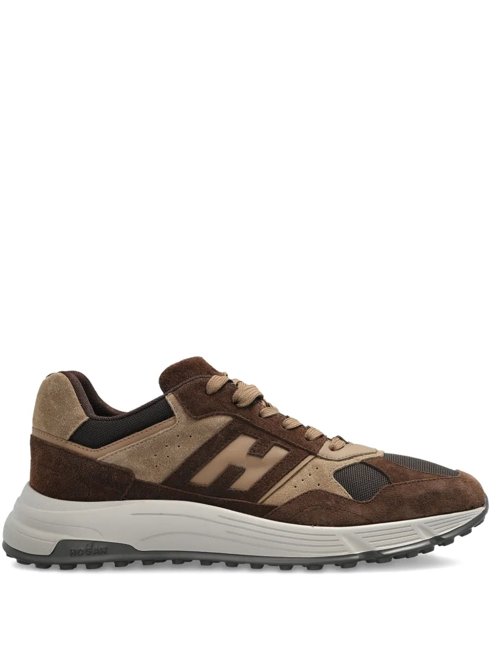 Brown suede-leather panel sneaker with lace-up front and rubber sole