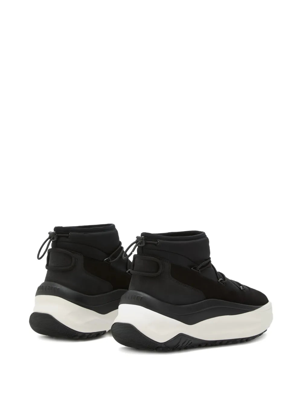 Pair of black lace-up platform high-top sneakers with white midsole and thick tread