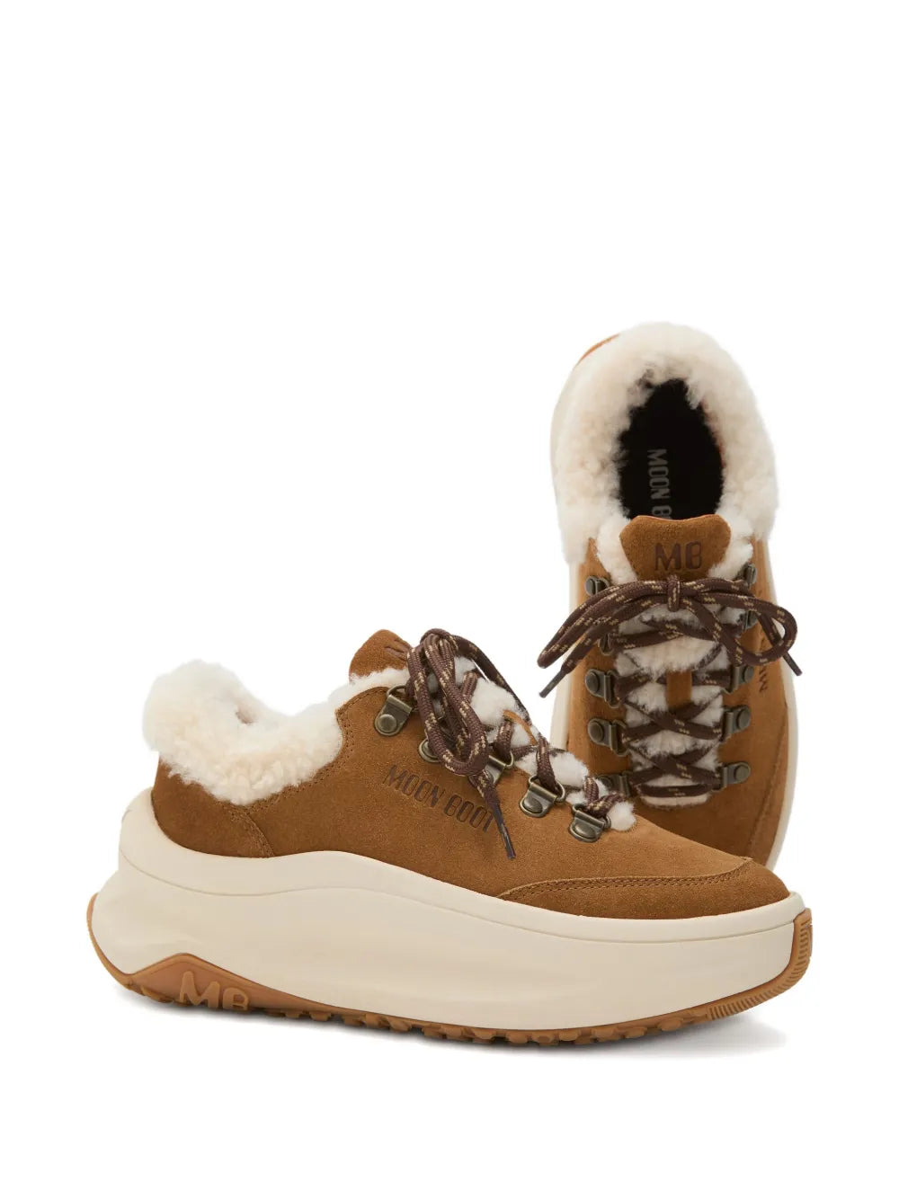 Brown Moon Boot Moon247 lace-up sneakers with white faux shearling lining and chunky sole