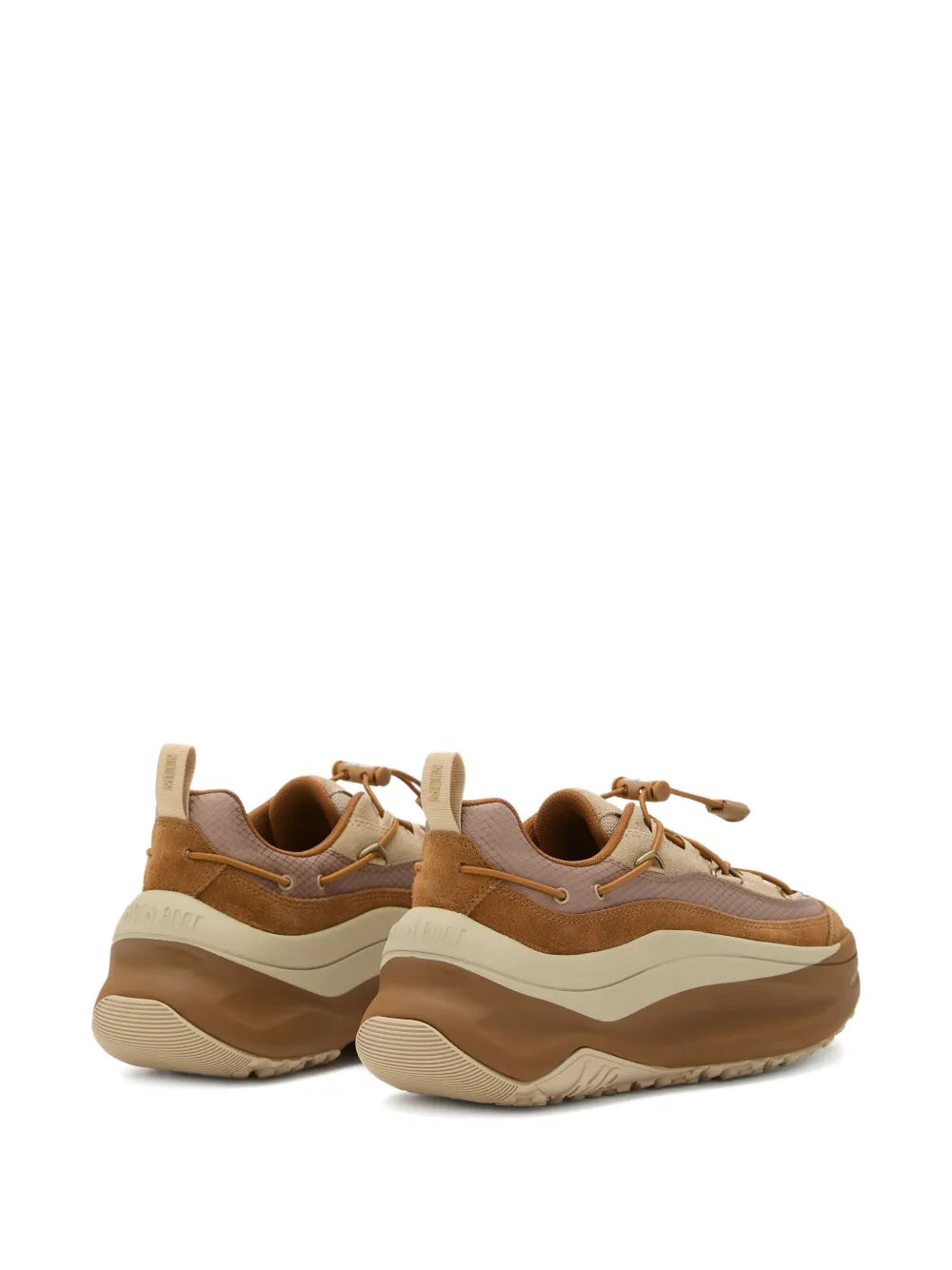 Light brown lace-up sneakers, rear and side view, with thick cushioned outsole