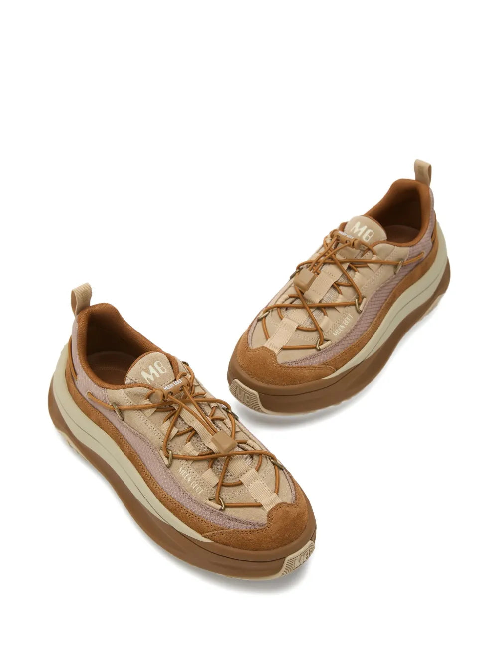 Light brown and beige lace-up sneakers, pair view, with tan and cream panels