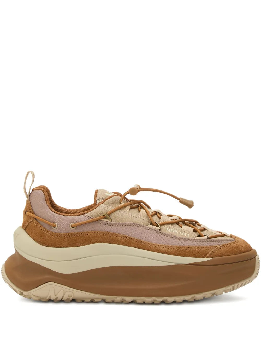 Light brown and beige lace-up sneakers with chunky midsole and mesh side panels