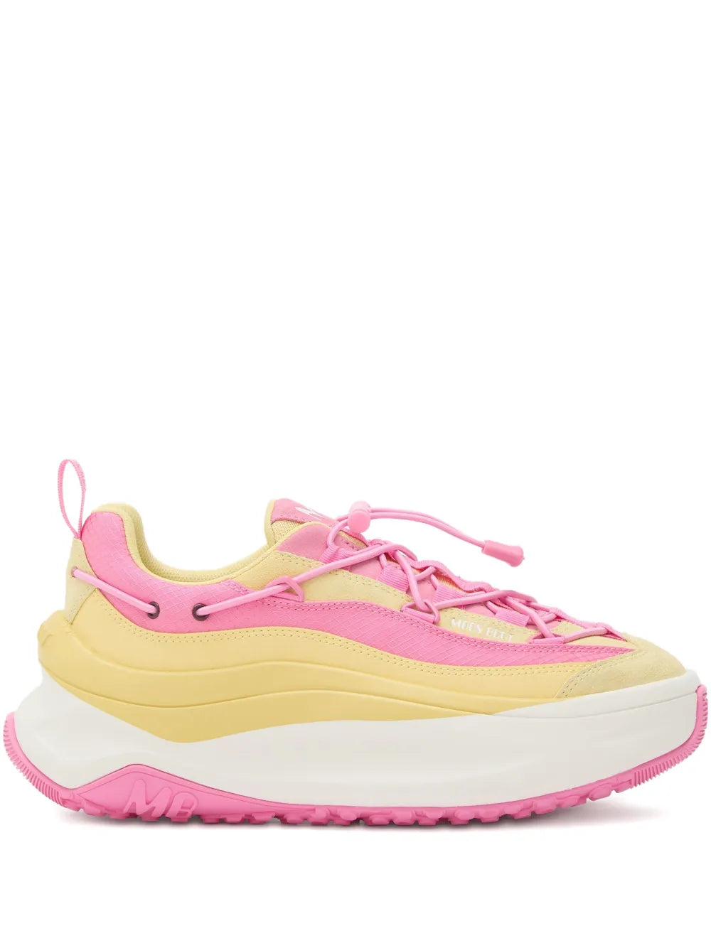Pink and yellow chunky lace-up sneakers with thick white-pink sole