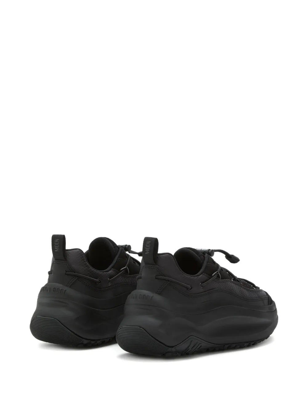 Black lace-up platform sneakers, side view with raised chunky outsole